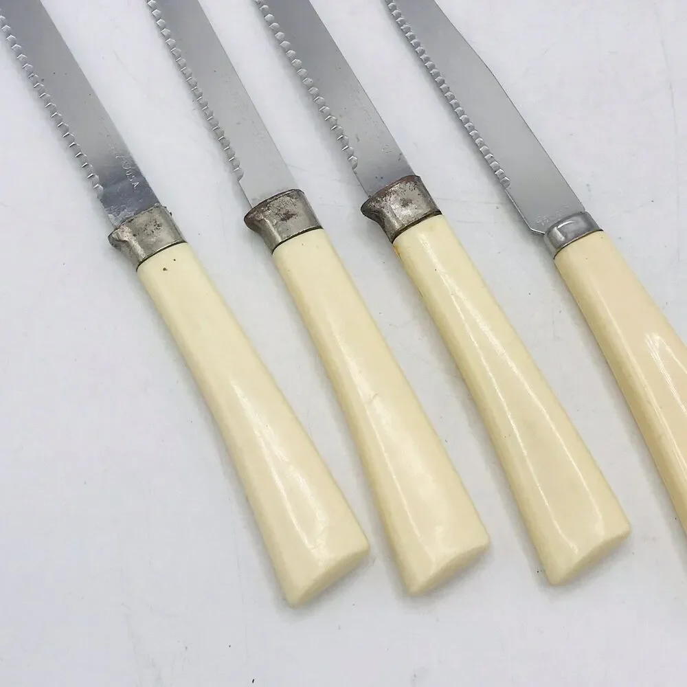 Lot of 4 VTG Stainless Ivory Handle Kitchen Steak Knives 3 Forgecraft 1 Quikut
